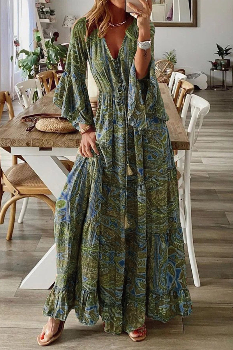Bohemian V-Neck Dress Featuring Flared Trumpet Sleeves