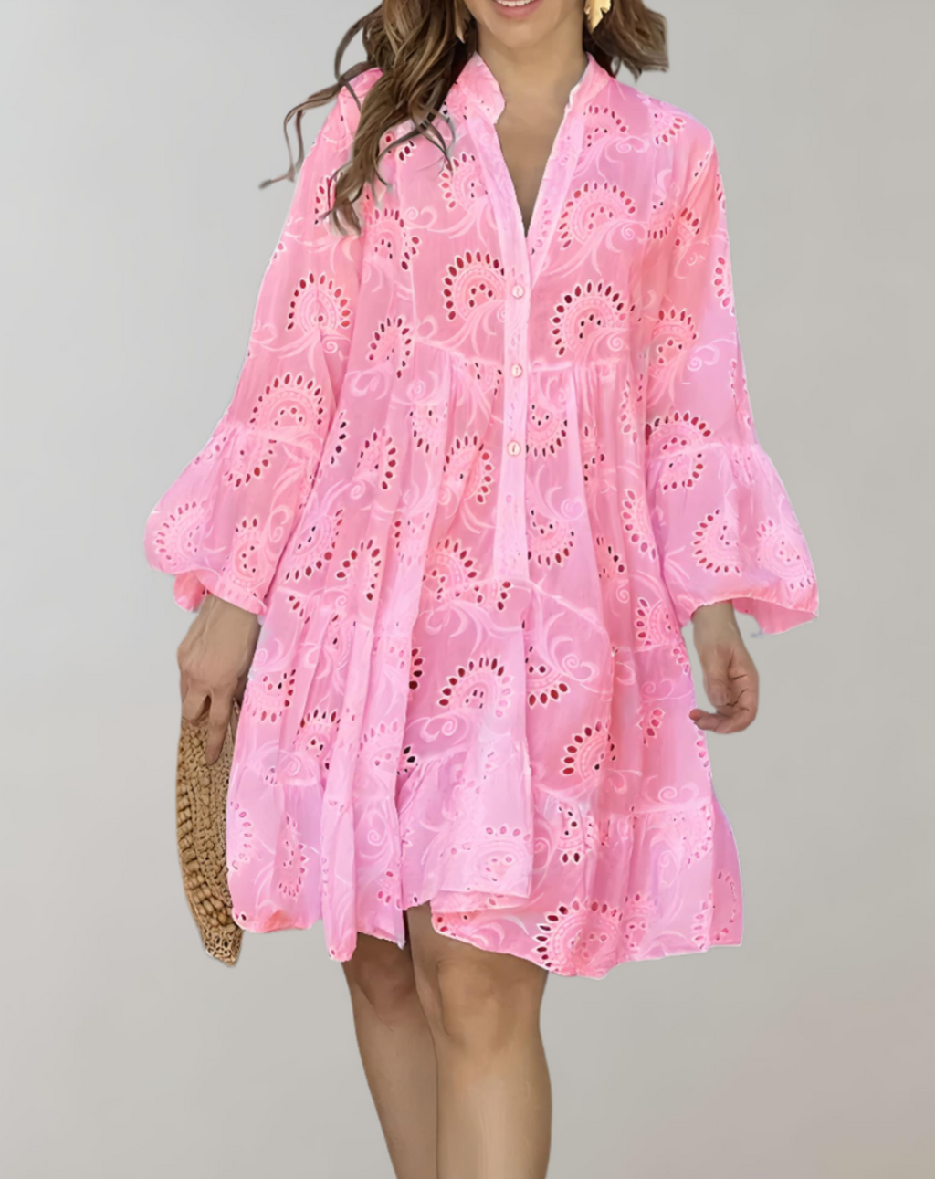Stylish V-Neck Embroidered Dress with Bell Sleeves for Easy Comfort