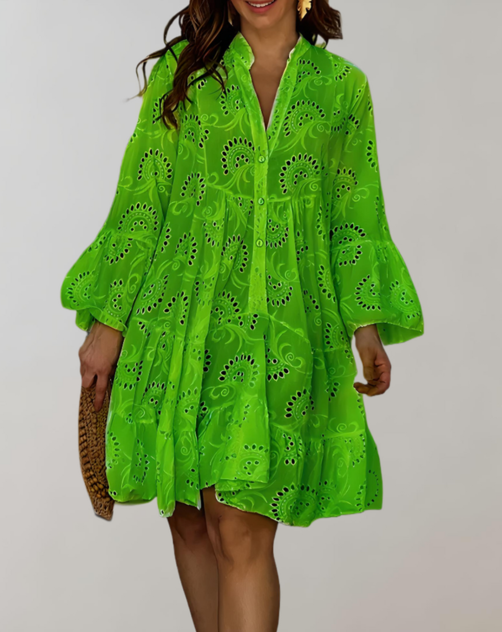 Stylish V-Neck Embroidered Dress with Bell Sleeves for Easy Comfort