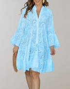 Stylish V-Neck Embroidered Dress with Bell Sleeves for Easy Comfort