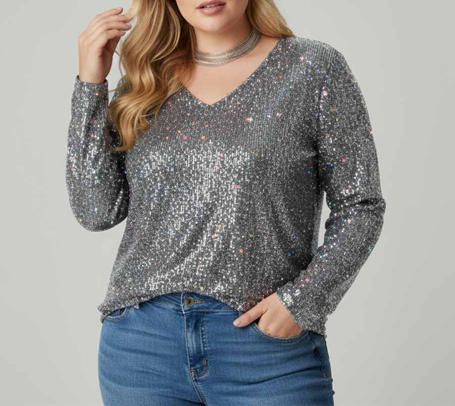 Stylish V-Neck Shimmer Top for Women | Available in Plus Sizes