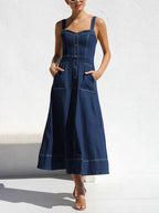 Button-Up Denim Midi Dress with Casual Strap Design