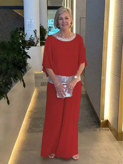 Chic Evening Ensemble: Sparkling Top & Palazzo Trousers
