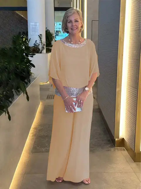 Chic Evening Ensemble: Sparkling Top & Palazzo Trousers