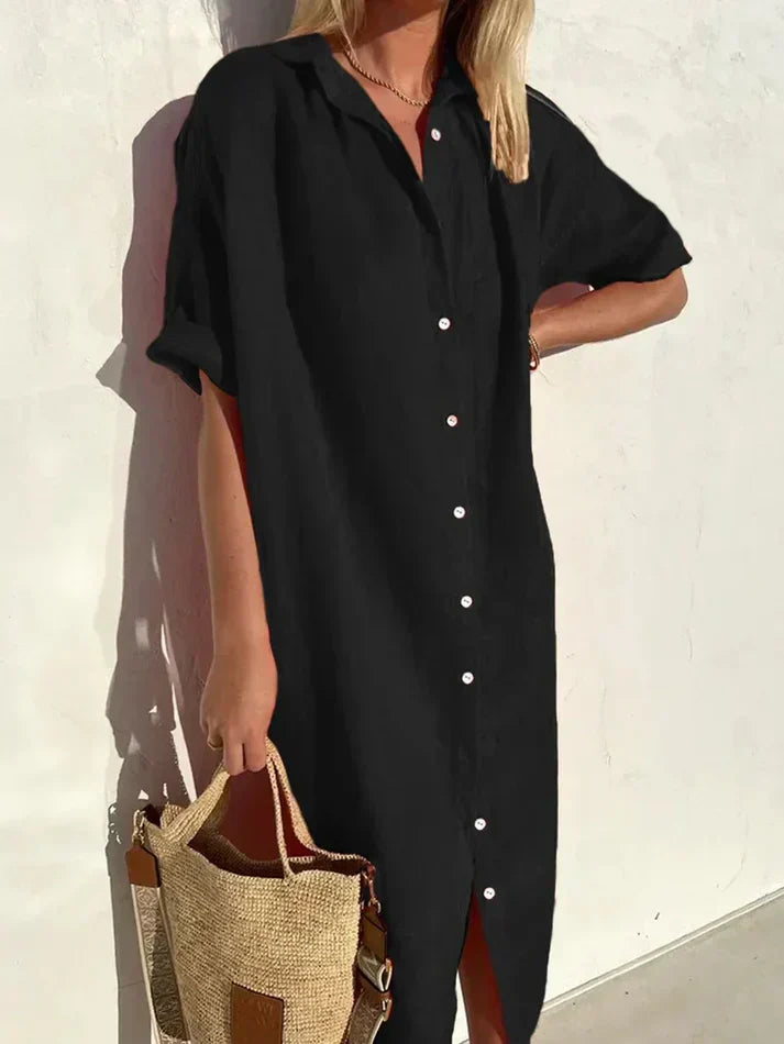 Chic Women's Casual Dress with Wide Sleeves and Button Details, Crafted from Cotton and Linen