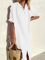 Chic Women's Casual Dress with Wide Sleeves and Button Details, Crafted from Cotton and Linen