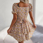 Floral Puff Sleeve Dress with Square Neckline