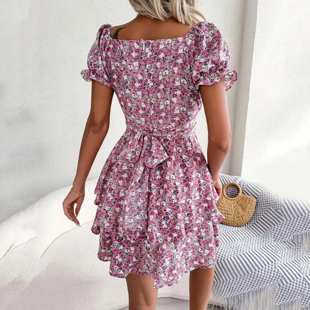 Floral Puff Sleeve Dress with Square Neckline