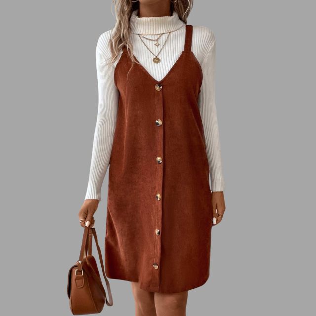 Strap-Detail V-Neck Corduroy Dress with Button Accents