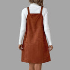 Strap-Detail V-Neck Corduroy Dress with Button Accents