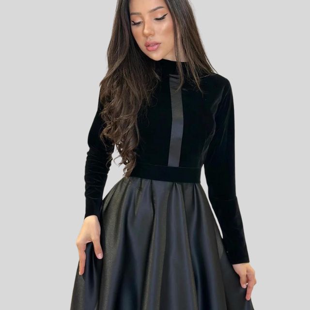 Chic Velvet Turtleneck Dress with Flared Hem
