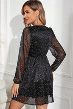 Chic Black Glitter Dress Featuring a Sophisticated Mesh Overlay