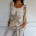Women's Crochet Knit Mesh Blouse with Round Neck