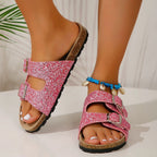 Women's Sequin Sandals with Double Buckle Design